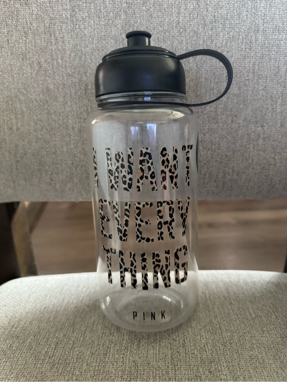 PINK Victoria's Secret Clear Water Bottle with Black Lid and Leopard Print Text